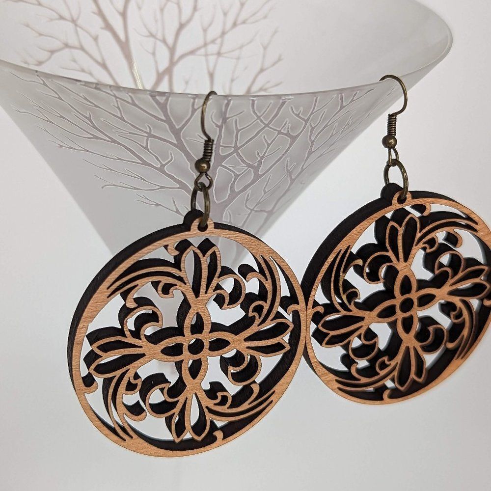 Korean Swirl Wood Drop Earrings | Lace Earrings | Handmade Laser Cut Earrings
